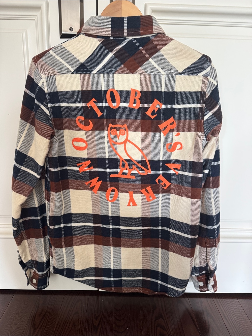 OVO Plaid Flannel Shirt in Cream, Brown & Navy Orange Logo unisex never worn